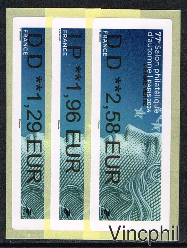 11/2024 ** MARIANNE DE BEAUJARD 3 valeurs  LETTRE VERTE 1.29, INTERNATIONAL 1.96, LETTRE VERTE 100 gr 2.58