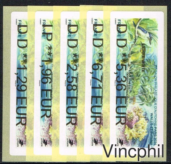 11/2024 WALLIS ET FUTUNA 5 valeurs LETTRE VERTE 1.29, COMPL AFFRANCH LETTRE VERTE 1.29, INTERNATIONAL 1.96, LETTRE VERTE 100 gr 2.58, LR 1 5.36, LR1 AR 6.71