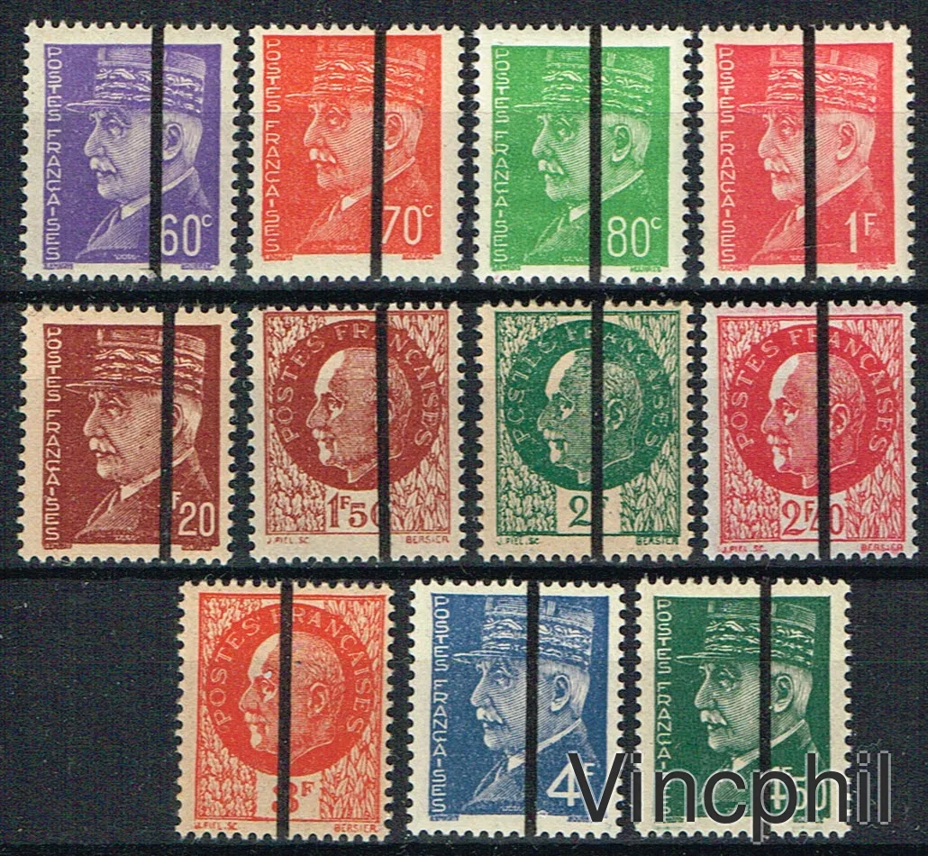 LIBERATION DE LILLE ** Timbres n° 1, et 5, 6, 8, 10, 11, 12, 13, 14, 15, 16 de la série non émise avec variété d'impression de la surcharge , sans les barres horizontales , ni les lettres RF. Tous sont signés Calves. Un explicatif du receveur qui a commandé ces timbres est envoyé avec la commande.