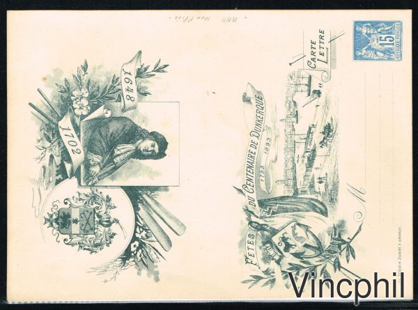 n° 90 Entier postal commémoratif des Fêtes du Centenaire de Dunkerque, RARE non plié. Signature au verso et petit texte au verso : A Mr  X.....  Bien Sincèrement Signé Y ....