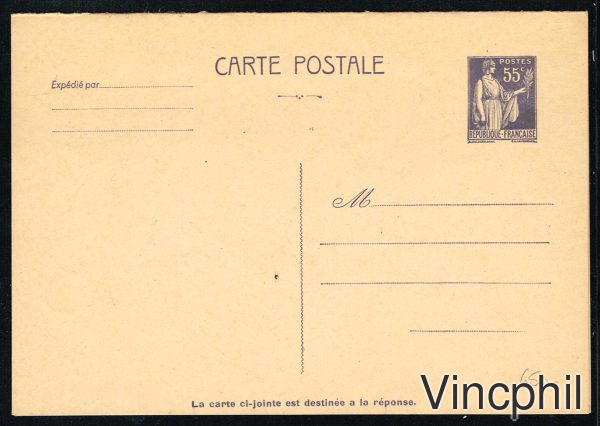 n° 363 ** CPRP1 Entier postal 55 c Type Paix avec réponse payée