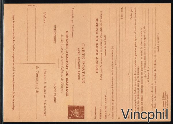 n° 515 ** CPRP2 Entier postal demande d'extrait de Mariage, RARE non plié.