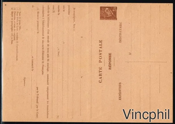 n° 515 ** CPRP2 Entier postal demande d'extrait de Mariage, RARE non plié.