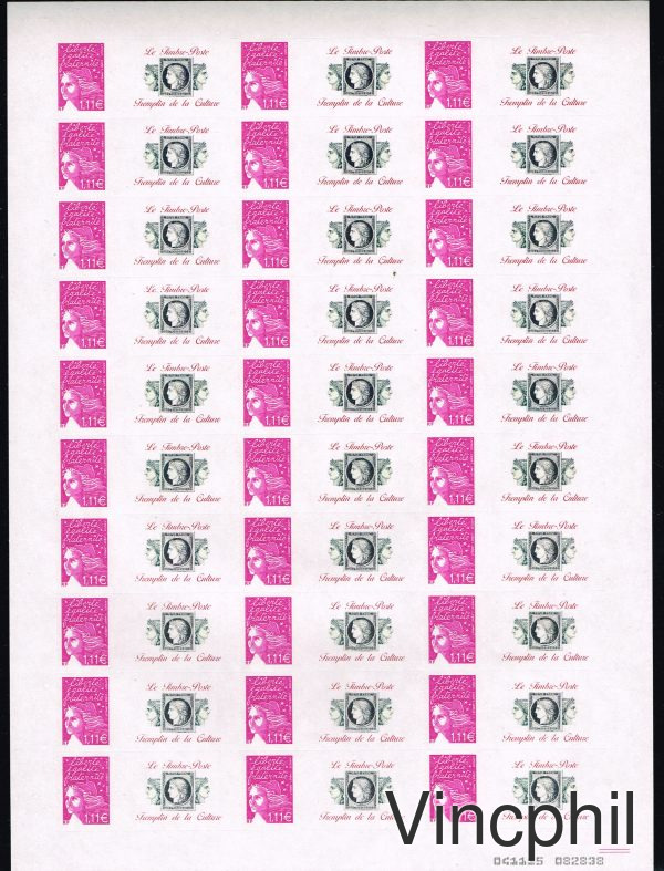 3729D ** Marianne de Luquet 1.22 lilas adhésif personnalisé feuille de 30 timbres (d'autres feuilles dans Personnalisés, Vente à prix net)