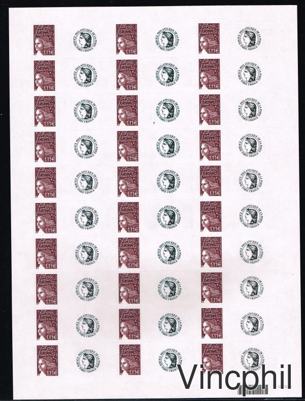 3729C ** Marianne de Luquet 1.11 brun prune adhésif personnalisé Cérès feuille de 30 timbres (d'autres feuilles dans Personnalisés, Vente à prix net)