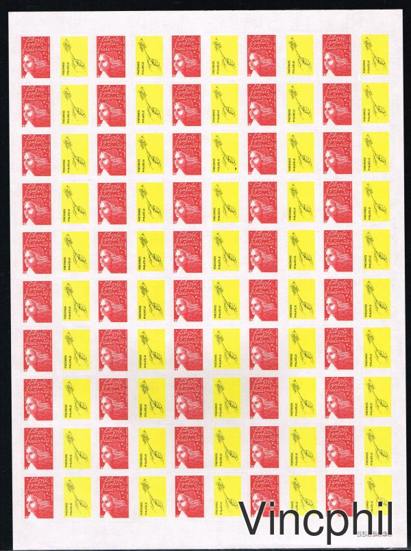 3729A ** Marianne de Luquet TVP Rouge adhésif personnalisé  petite vignette de 50 timbres (d'autres feuilles dans Personnalisés, Vente à prix net)