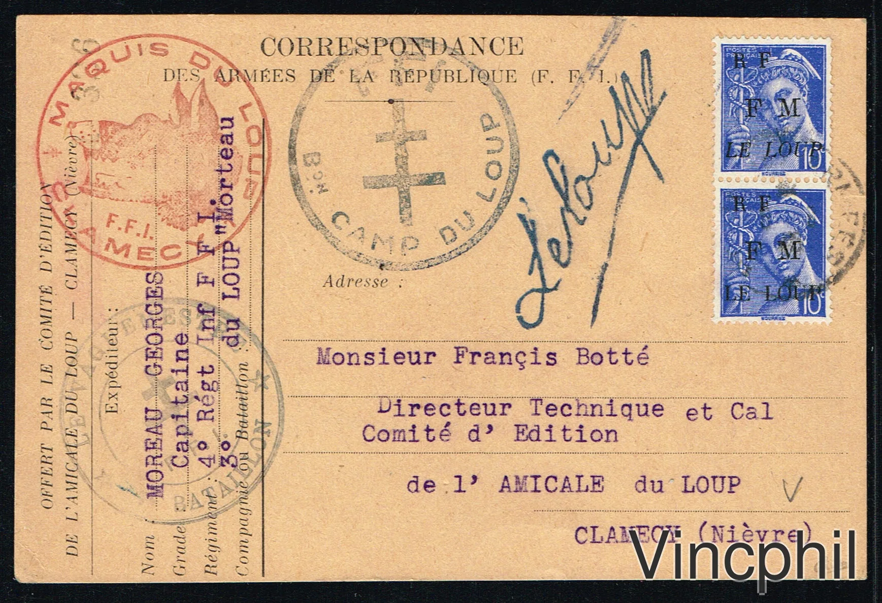 Maquis du Loup  n° 1M carte avec tête de loup en rouge Signé Calves