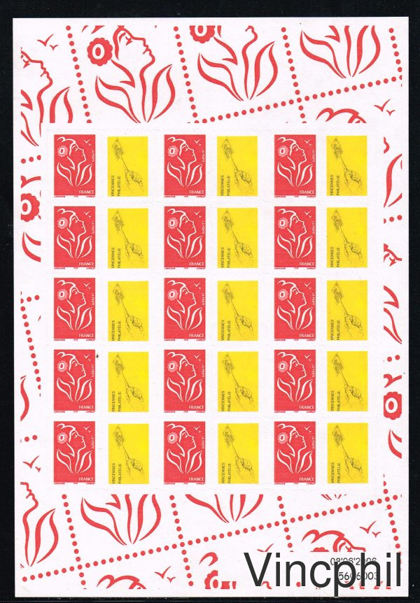 3802Ac ** Marianne de Lamouche TVP rouge adhésif personnalisé  de 15 timbres petite vignette (d'autres feuilles dans Personnalisés, Vente à prix net)