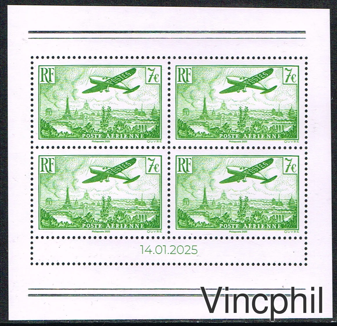 98 ** Timbre PA 14 Timbre de l'affiche 50 F Avion sur volant Paris Neuf bloc de 4 avec date