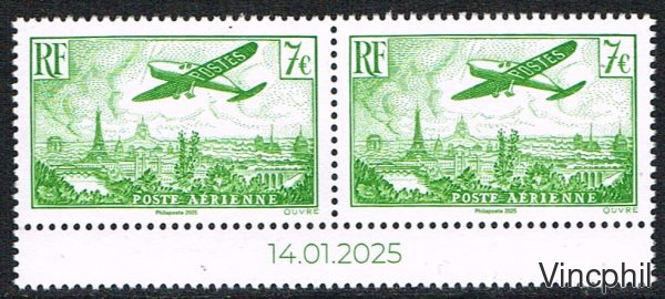 98 ** Timbre PA 14 Timbre de l'affiche 50 F Avion sur volant Paris Neuf paire avec date