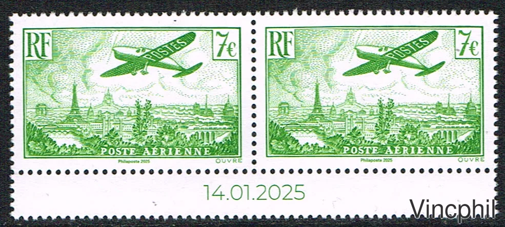 98 ** Timbre PA 14 Timbre de l'affiche 50 F Avion sur volant Paris Neuf paire avec date