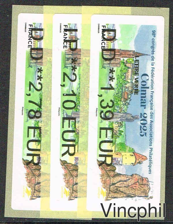06/2025 ** COLMAR 3 valeurs LETTRE VERTE 1.39, INTERNATIONAL 2.10, LETTRE VERTE 100 gr 2.78