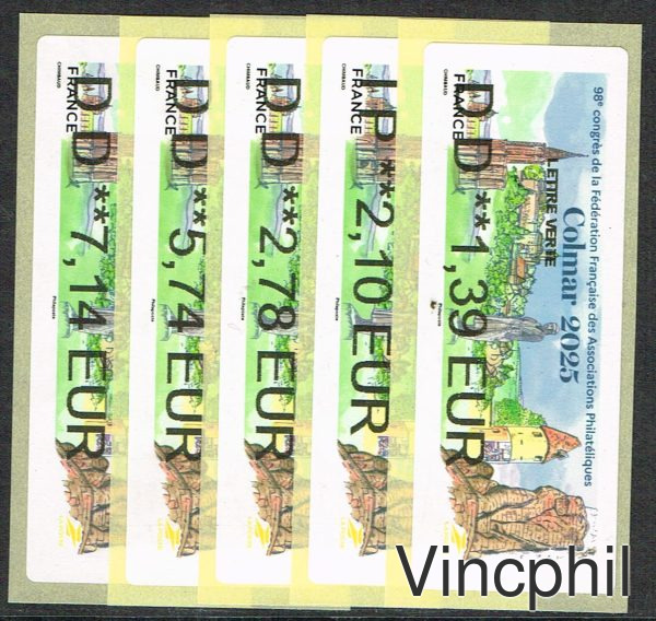 06/2025 ** COLMAR   5 valeurs  LETTRE VERTE 1.39,  INTERNATIONAL 2.10, LETTRE VERTE 100 gr 2.78, LR 1 5.74, LR1 AR 7.14