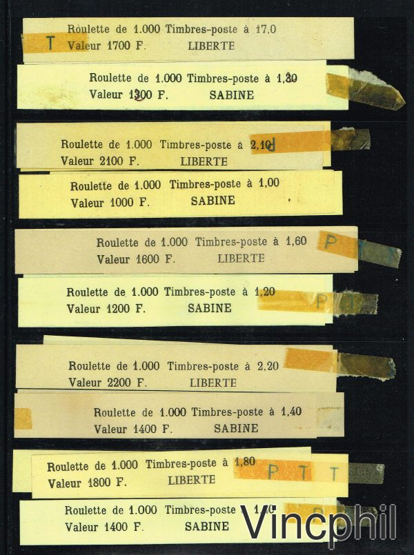 Bracelets pour roulettes de 1000 timbres SABINES et LIBERTE 20 pièces différentes.