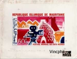 Dessin original aquarelle des timbres de la série Festival des Arts Nègres n° 205/207  avec la photo du timbre réalisé Exemplaires uniques