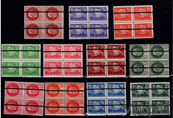 LIBERATION DE LILLE ** Timbres n° 1, et 5, 6, 8, 10, 11, 12, 13, 14, 15, 16 de la série non émise avec variété d'impression de la surcharge , sans les barres horizontales , ni les lettres RF. Signés et certificat Calves. Un explicatif du receveur qui a produit ces timbres est envoyé  avec la commande..