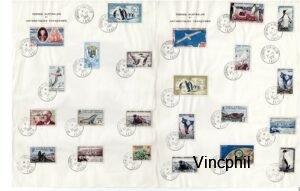 Premiers timbres des TAAF Poste et Poste Aérienne oblitérés sur deux feuilles A4 , entête des Terres Australes
