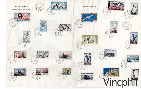 Premiers timbres des TAAF Poste et Poste Aérienne oblitérés sur deux feuilles A4 , entête des Terres Australes