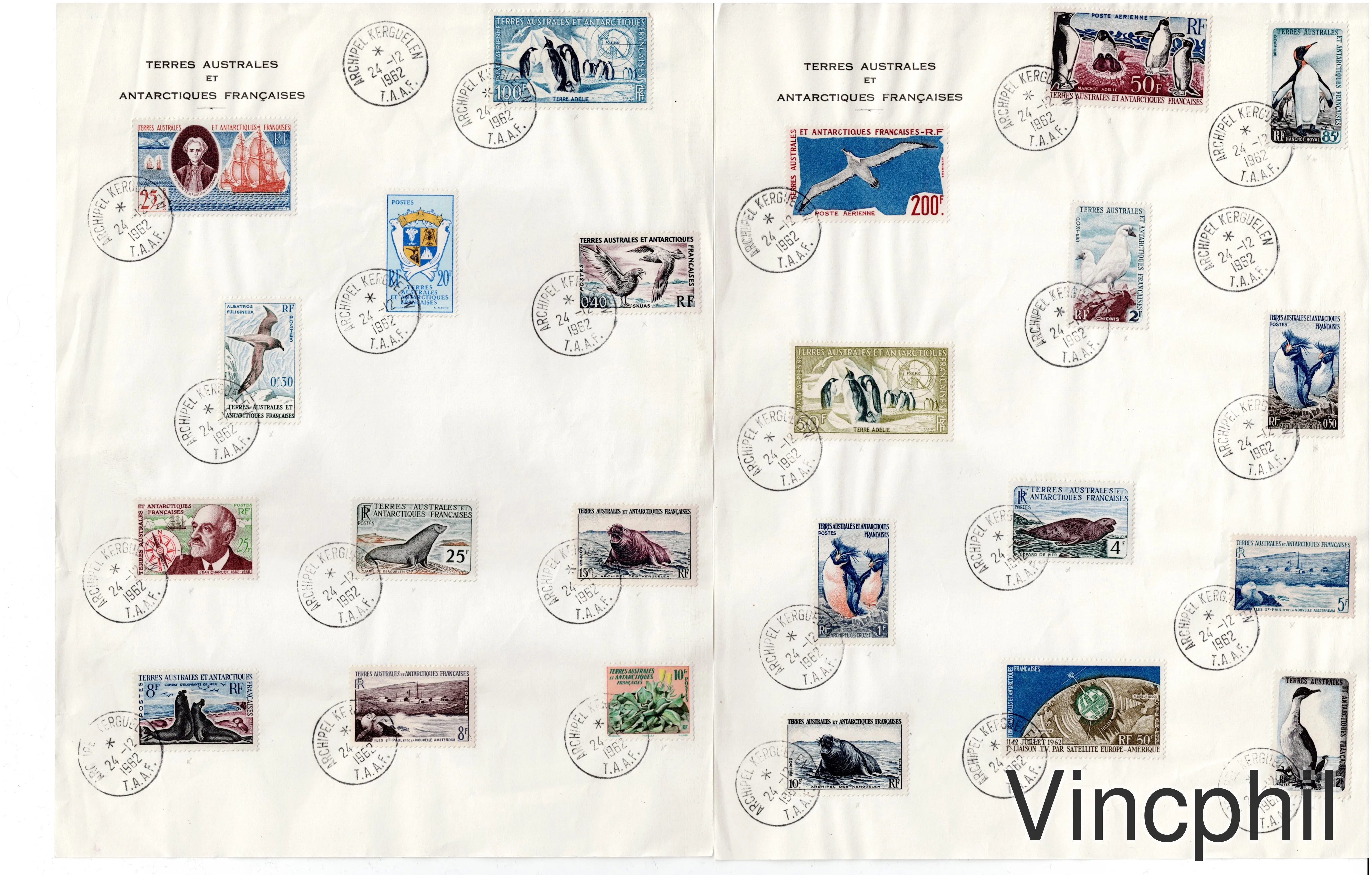Premiers timbres des TAAF Poste et Poste Aérienne oblitérés sur deux feuilles A4 , entête des Terres Australes