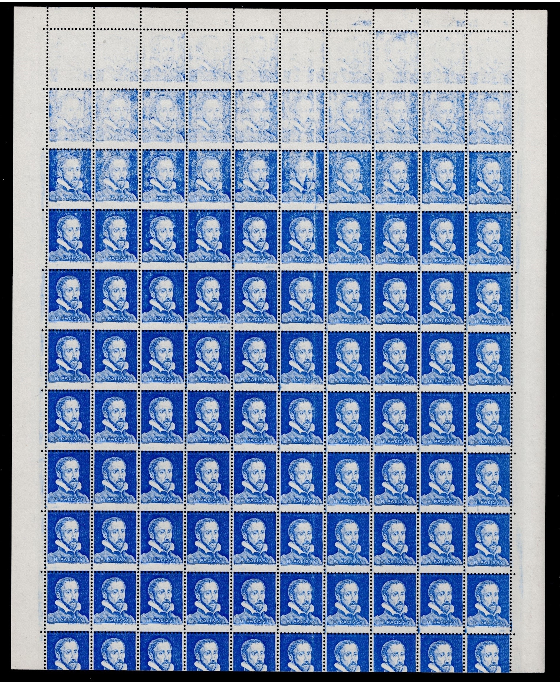 Feuille en continu du timbre Palissy Bleu impression de la couleur dégradée. Gomme intacte.
