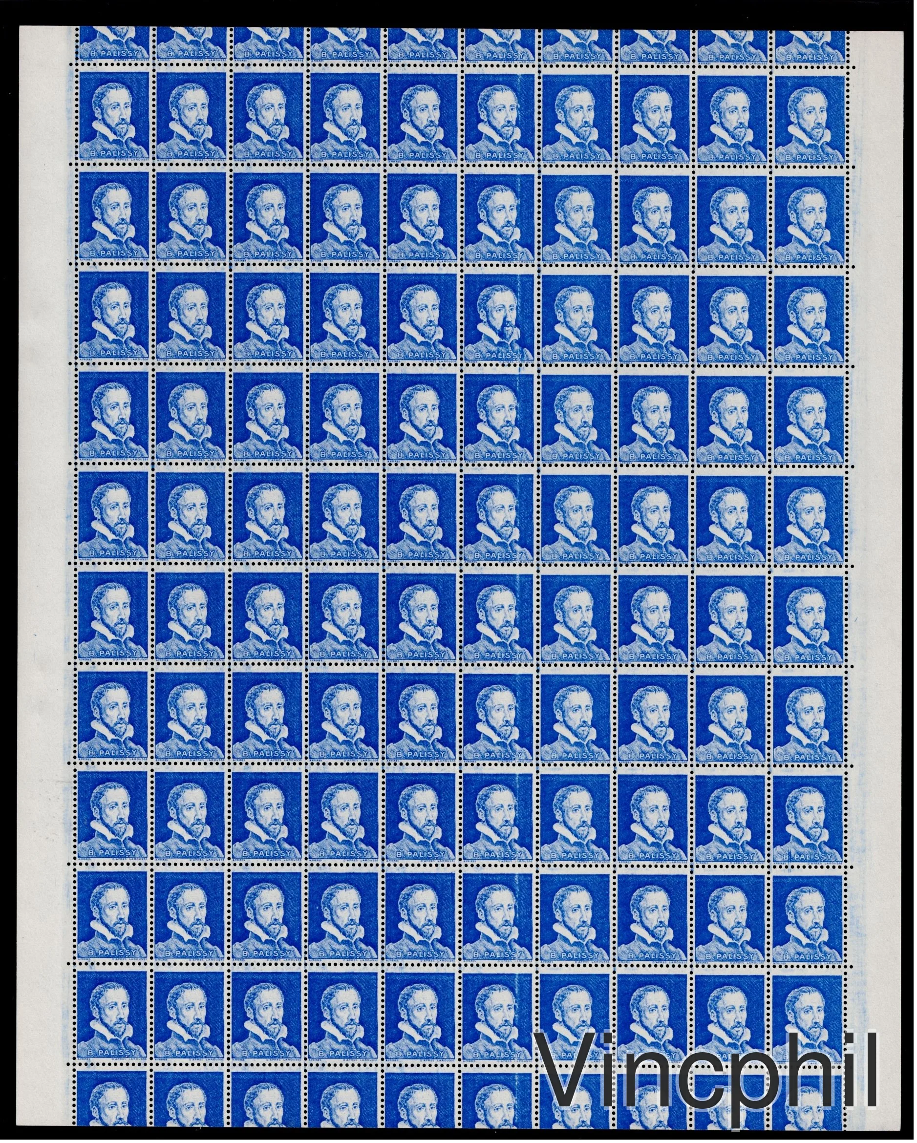 Feuille en continu du timbre Palissy Bleu, Gomme intacte.