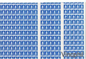 Palissy Pa 09 Feuilles imprimées en continu, coupées au format de 100 timbres, avec un demi timbre en haut et en bas. Sur une feuille variété dites du sapin case n° 26. (5 éme rangée à partir de la droite)  + les deux feuilles précédentes montrant l'amorce de la variété (même case) ainsi qu'un trait vertical présent sur les 3 feuilles