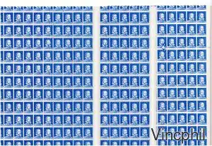 Palissy Pa 09 Feuilles imprimées en continu, coupées au format de 100 timbres, avec un demi timbre en haut et en bas. Sur une feuille variété dites du sapin case n° 26. (5 éme rangée à partir de la droite)  + les deux feuilles précédentes montrant l'amorce de la variété (même case) ainsi qu'un trait vertical présent sur les 3 feuilles