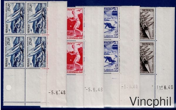 Monaco PA 32/35 ** Jeux Olympiques de Londres 1948, coins datés, timbres neufs  sans charnière gomme d'origine intacte